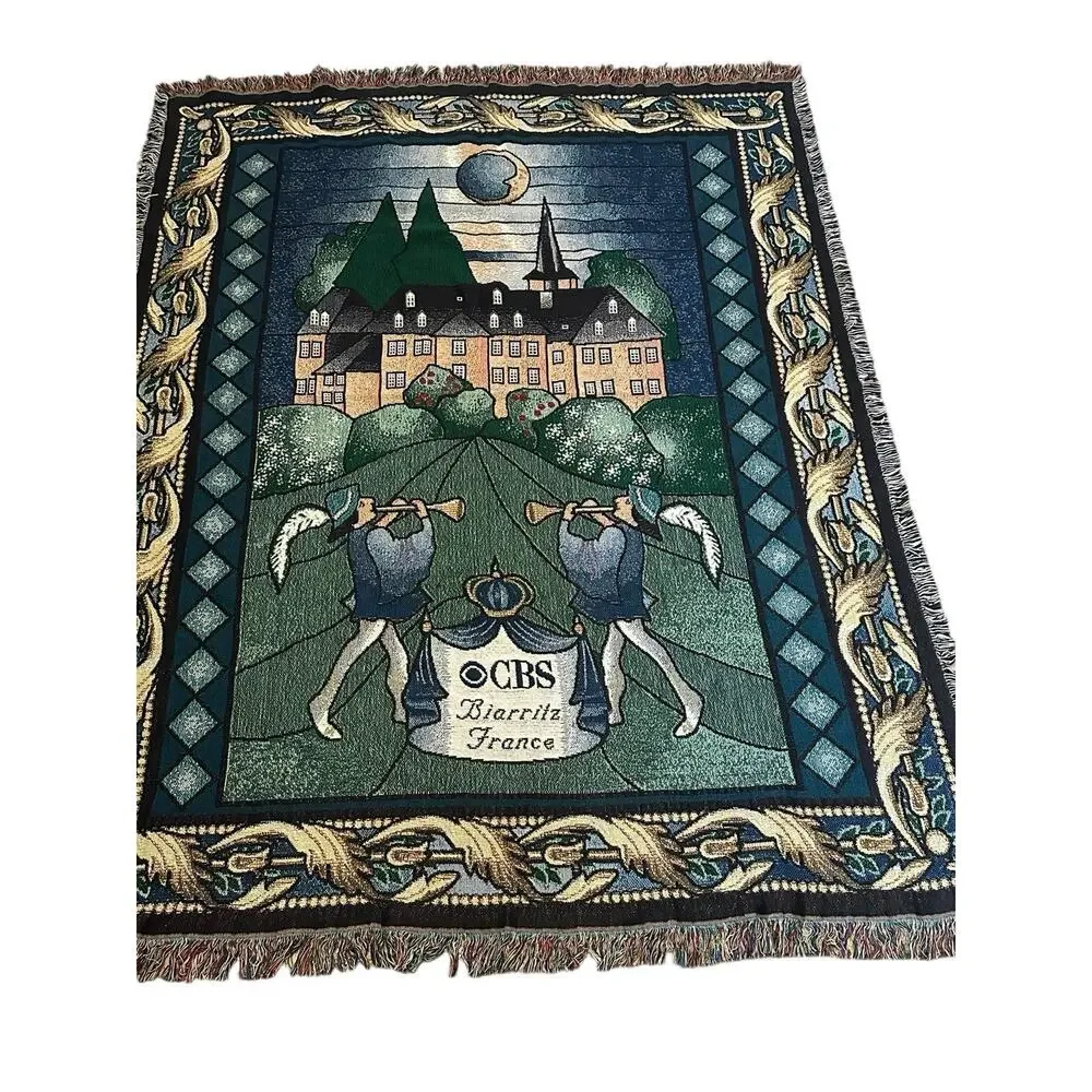French Woven Tapestry Throw Blanket CBS Biarritz France Fringed